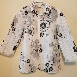 Vintage Hawaiian Shirt Womens Blouse LG Black & White Tunic J.H. Collectibles